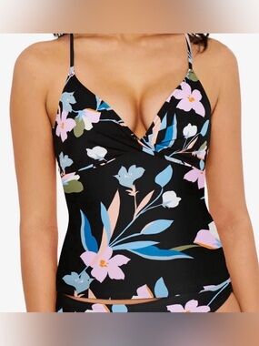 Hula Honey Women's Black Floral  Printed Tankini Swim Top Size XS